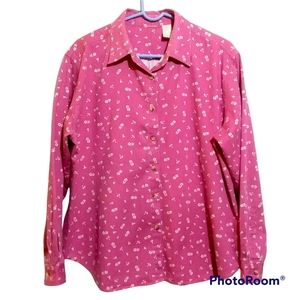 VINTAGE 100% COTTON BUTTON DOWN SHIRT IN DARK PINK W/ WHITE DITSY FLORAL  SZ XL